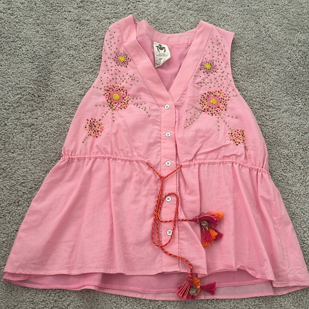 Anthropologie roopa pemmaraju top with embroidery bead, pink with tassels sizeM